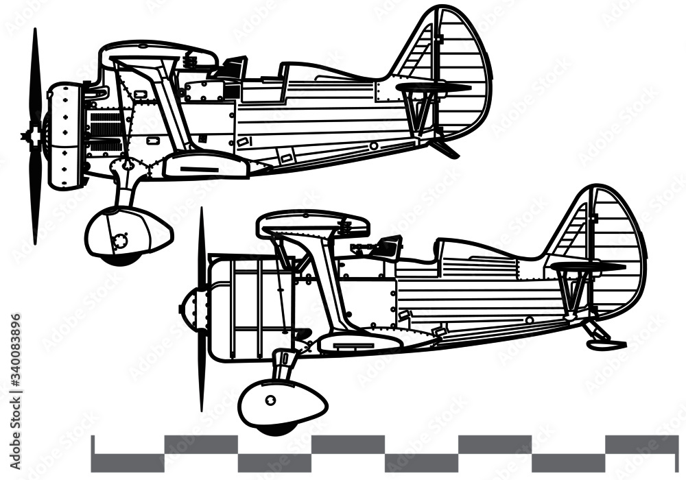 Polikarpov I-15, I-15bis Chaika. World War 2 combat aircraft. Side view. Image for illustration and infographics. - obrazy, fototapety, plakaty 