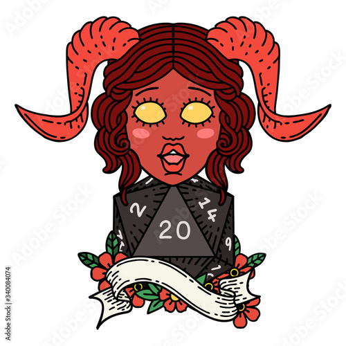 tiefling with natural twenty dice roll illustration