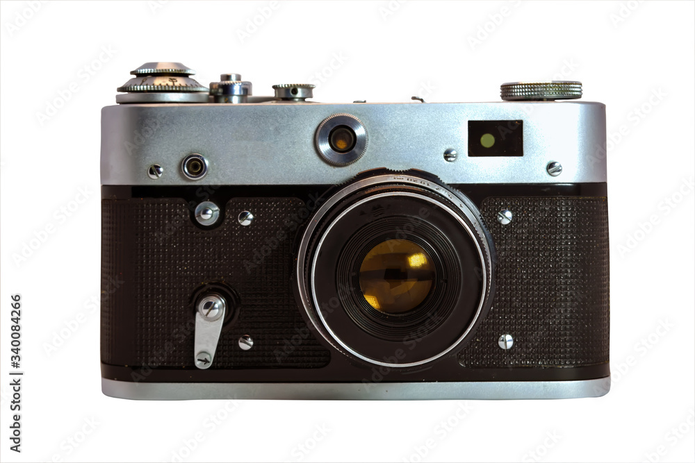 Old film camera isolate on a white background close-up. Old film camera isolate on a white background close-up.