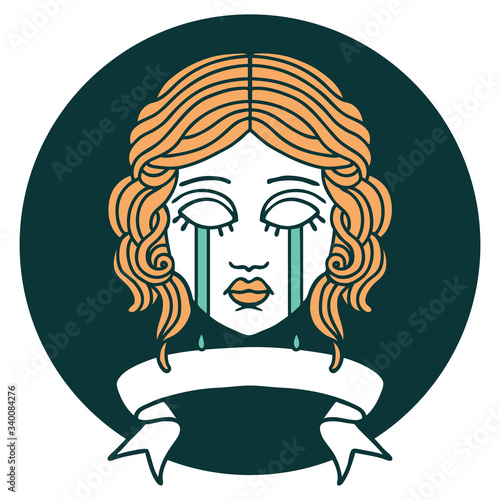 icon with banner of female face crying