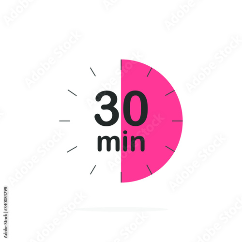 30 minutes timer. Stopwatch symbol in flat style. Editable isolated vector illustration.