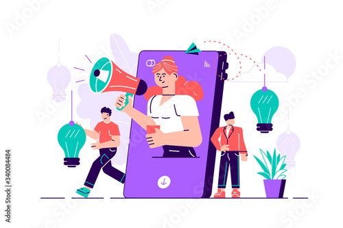 Mobile phone, woman with megaphone on screen