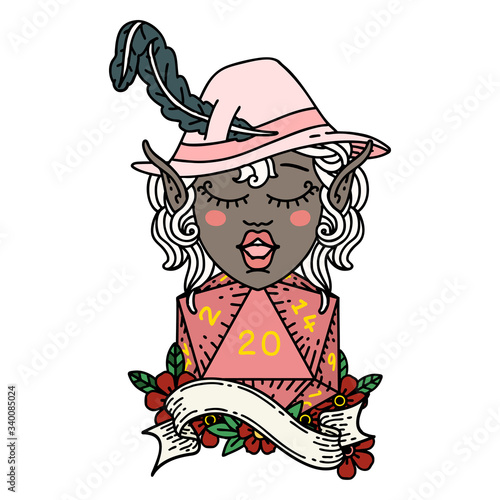 elf bard with natural twenty dice roll illustration