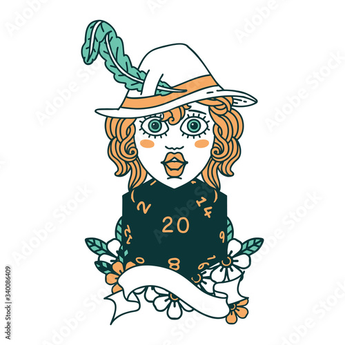 human bard with natural twenty dice roll illustration