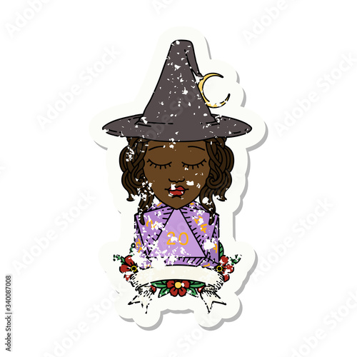 human witch with natural twenty dice roll illustration