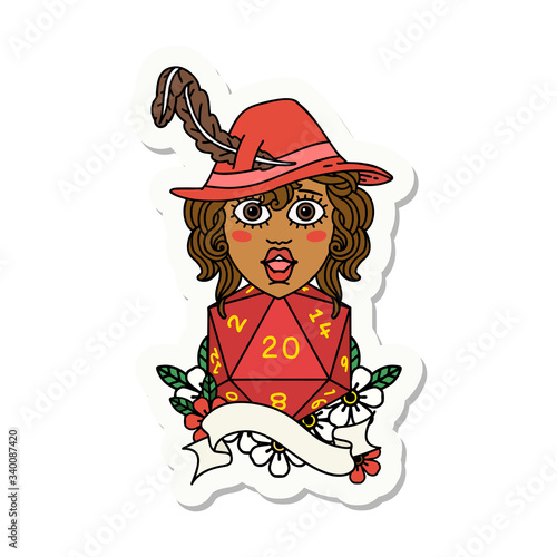 human bard with natural twenty dice roll sticker