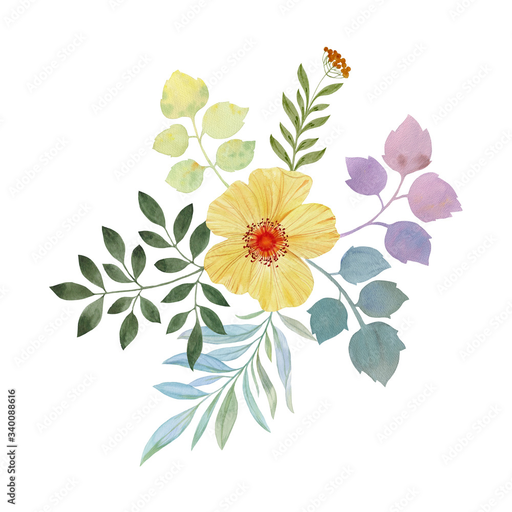 flower with leaves drawing. composition of flower and leaves, for