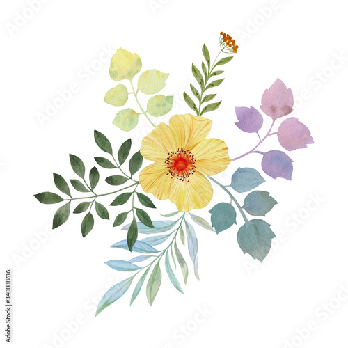 flower with leaves drawing. composition of flower and leaves, for invitations. botanical art for design.