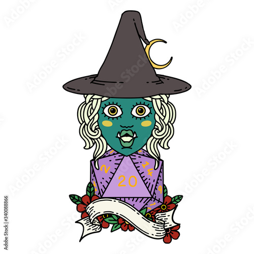 half orc mage with natural 20 dice roll illustration