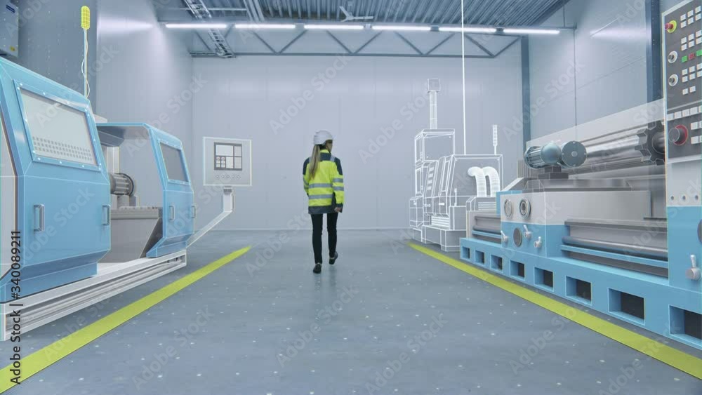 Female Engineer Walks Through Factory Workshop with Augmented Reality Creating 3D Models CNC Machinery Production Line. Industry 4.0 Graphics Visualization in Factory. VFX Special Visual Effects
