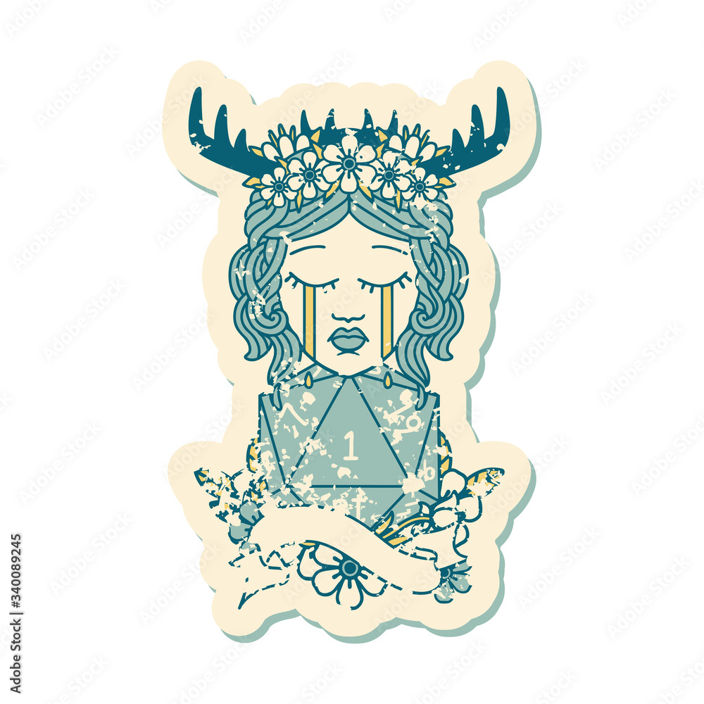 crying human druid with D20 natural one roll illustration crying human druid with D20 natural one roll illustration