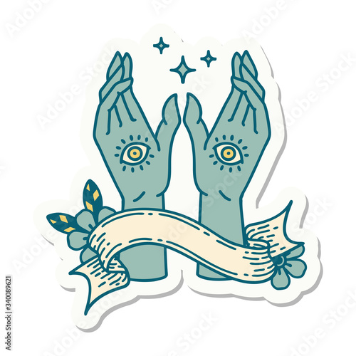 tattoo sticker with banner of mystic hands