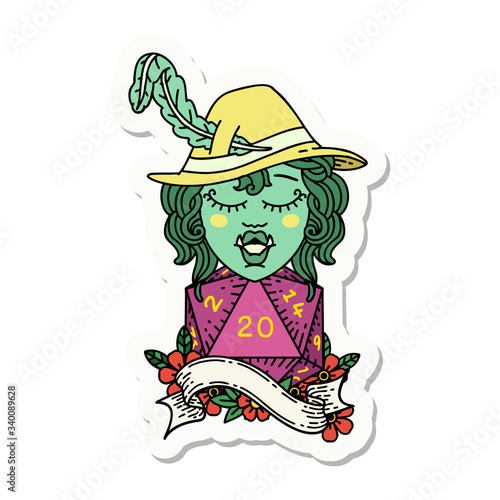 singing half orc bard with natural twenty dice roll sticker