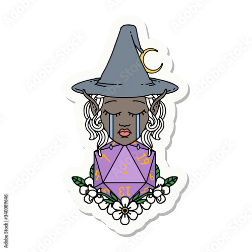 crying elf witch with natural one D20 roll sticker