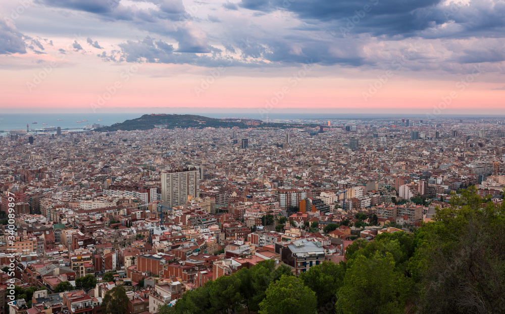 Skyline with mountain Montjuic in Barcelona during sunset, Bunkers del Carmel. Skyline with mountain Montjuic in Barcelona during sunset, Bunkers del Carmel.