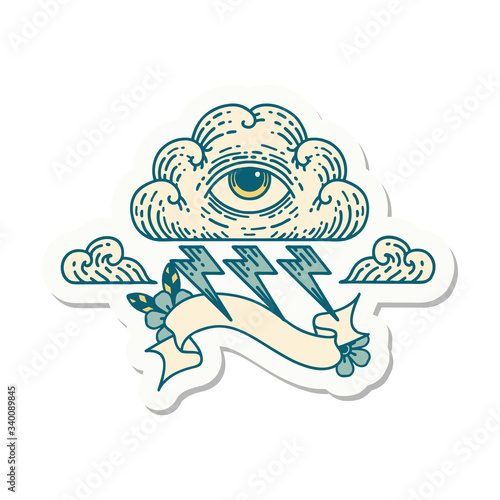 tattoo sticker with banner of an all seeing eye cloud