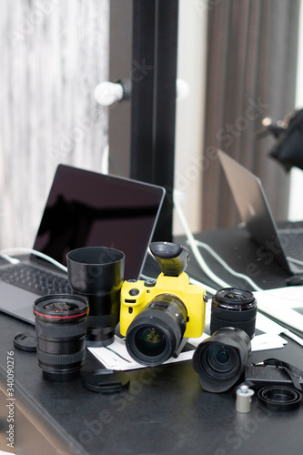 Camera Photography Design Studio Editing Concept. Camera in a yellow case.