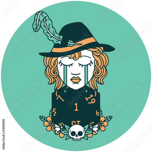crying human bard with natural one D20 dice roll icon