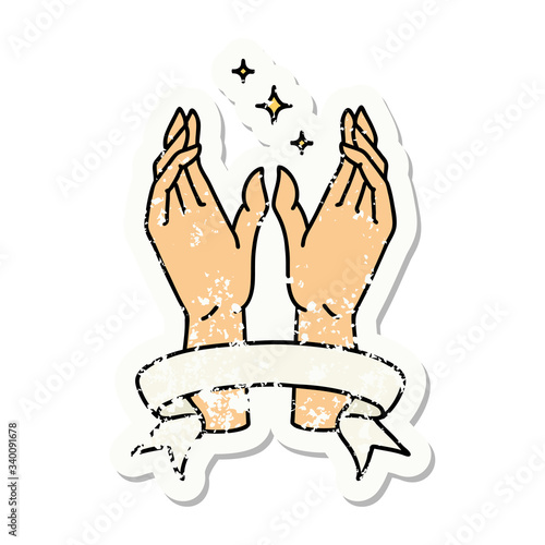 grunge sticker with banner of mystic hands