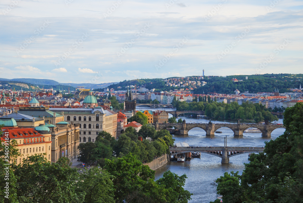 Prague, Czech Republic, 28th June 2017: Three bridges in Prague seen from view point 