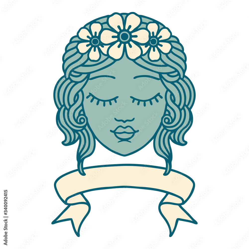 tattoo with banner of female face with eyes closed tattoo with banner of female face with eyes closed