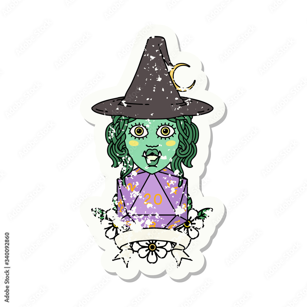 half orc witch character with natural 20 dice roll grunge sticker half orc witch character with natural 20 dice roll grunge sticker