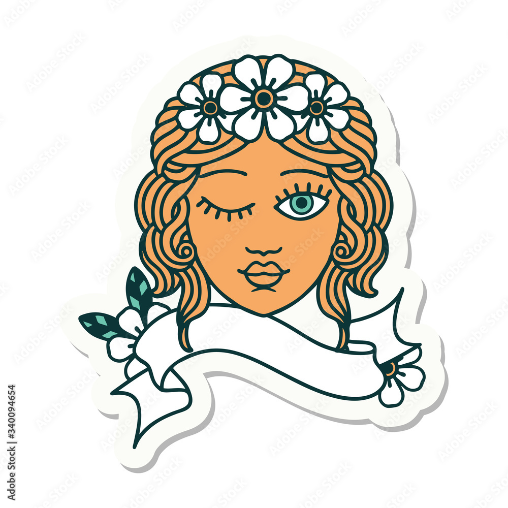 tattoo sticker with banner of a maidens face winking tattoo sticker with banner of a maidens face winking