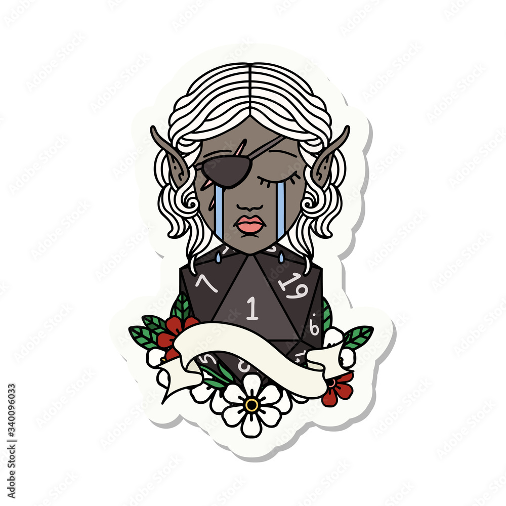 crying elf rogue character face with natural one D20 roll sticker crying elf rogue character face with natural one D20 roll sticker