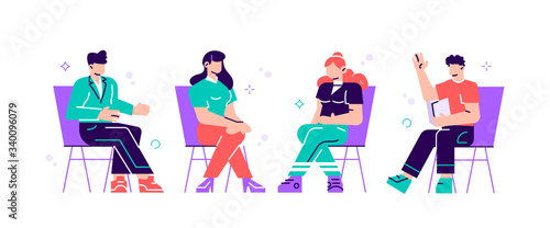 Men and women sitting on chairs and talking