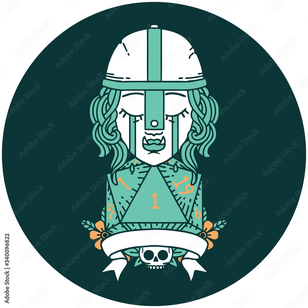 crying orc fighter character with natural one D20 roll icon crying orc fighter character with natural one D20 roll icon