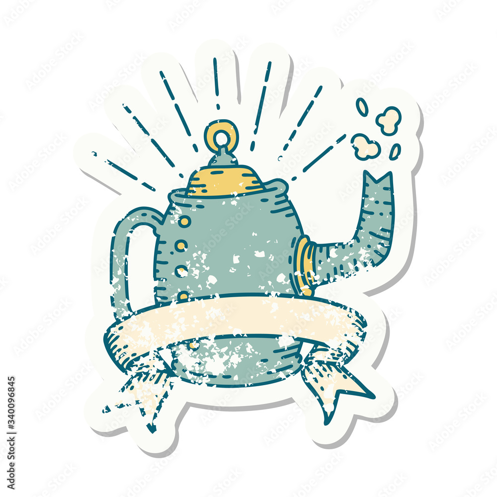 grunge sticker of tattoo style old coffee pot steaming grunge sticker of tattoo style old coffee pot steaming