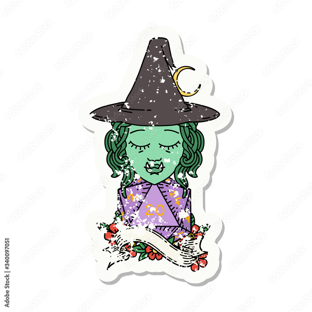 half orc mage with natural 20 dice roll grunge sticker