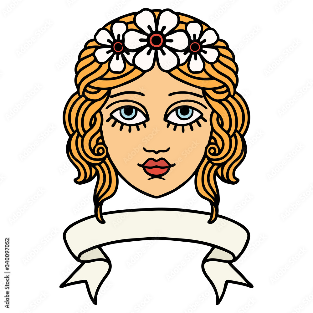 tattoo with banner of female face with crown of flowers tattoo with banner of female face with crown of flowers