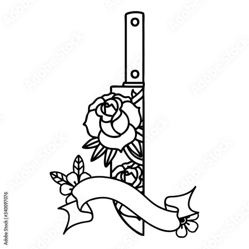 black linework tattoo with banner of a dagger and flowers
