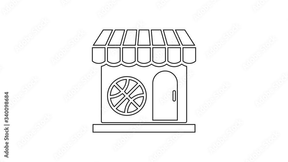 Black line Sports shop and basketball ball icon isolated on white background. Sport store. 4K Video motion graphic animation Black line Sports shop and basketball ball icon isolated on white background. Sport store. 4K Video motion graphic animation