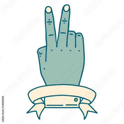 victory v hand gesture with banner illustration