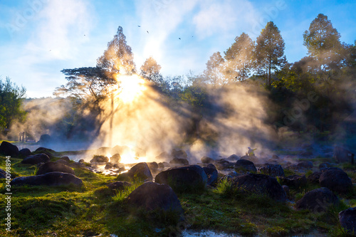 Hot springs beautiful with sunlight and sunrise