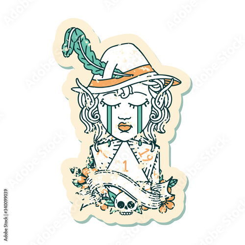 crying elf bard character face with natural one d20 dice roll illustration