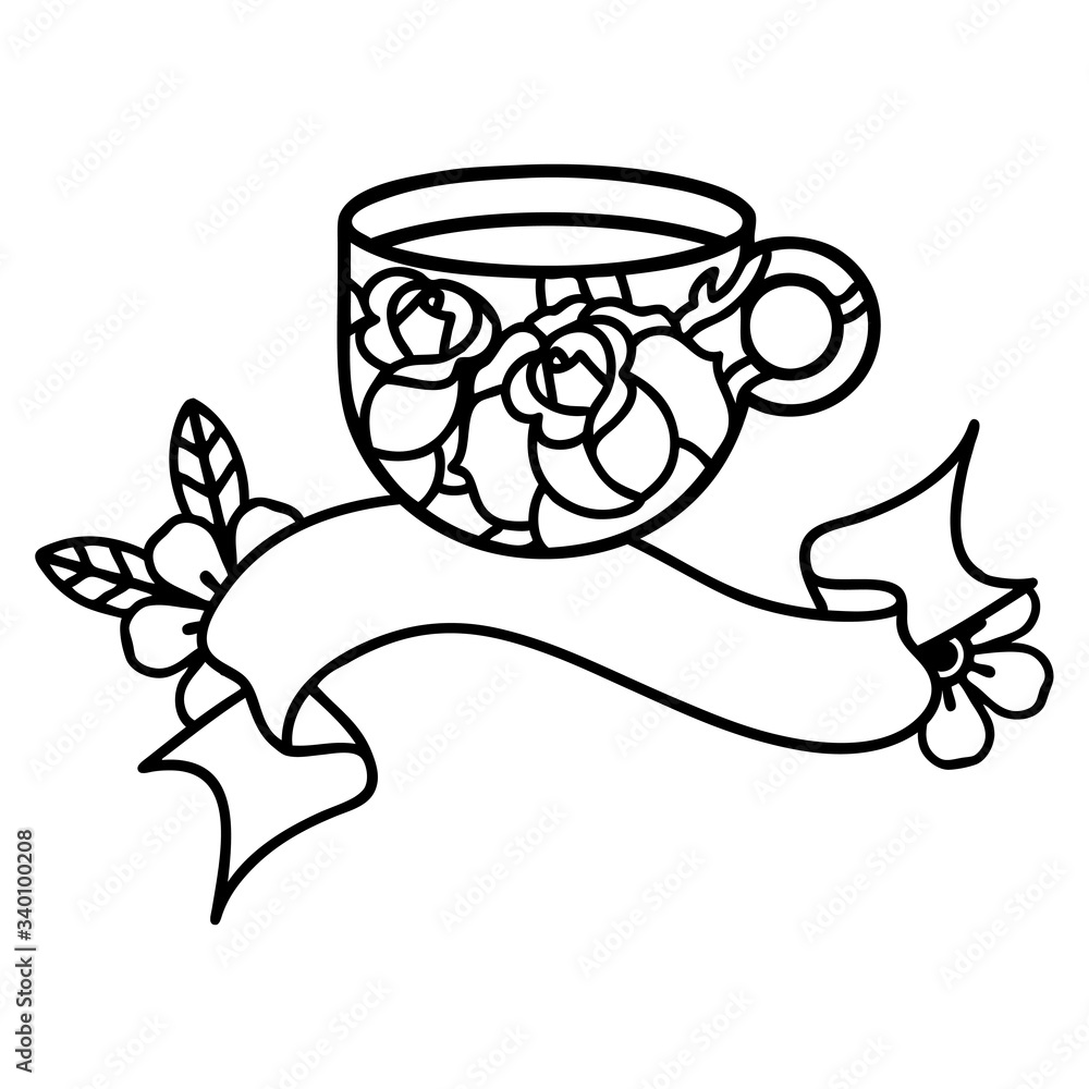 black linework tattoo with banner of a cup and flowers black linework tattoo with banner of a cup and flowers