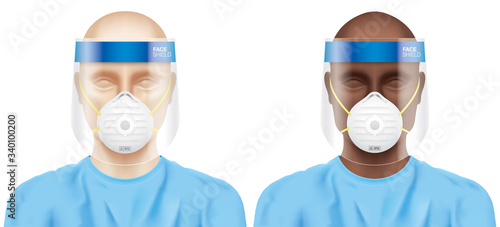 Doctors with plastic face shields and N95 surgical masks. Set of white and black healthcare workers, with a virus protection medical equipment, isolated on background. Medical vector set.