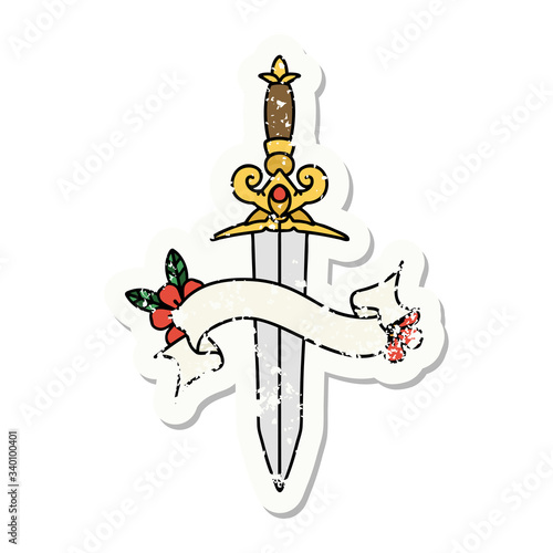 grunge sticker with banner of dagger