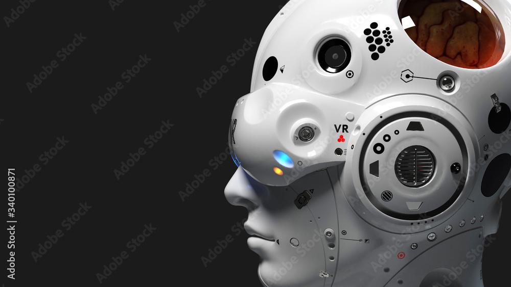 Robot face with VR glasses. illustration on the theme of vr entertainment, online games Robot face with VR glasses. illustration on the theme of vr entertainment, online games