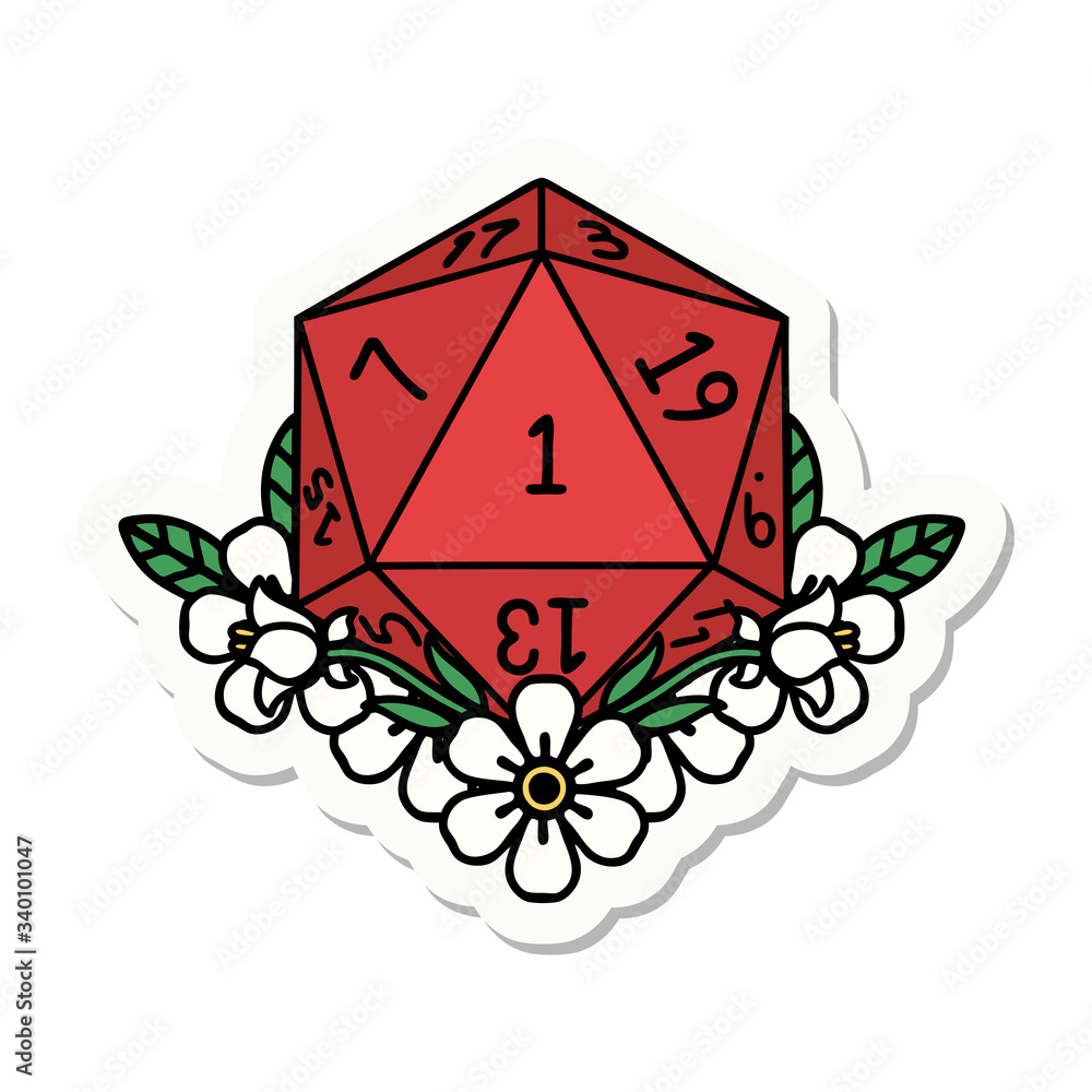 natural one dice roll with floral elements sticker natural one dice roll with floral elements sticker