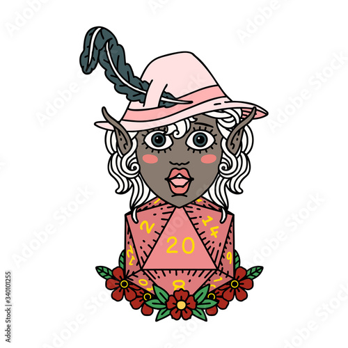 elf bard character with natural twenty dice roll illustration