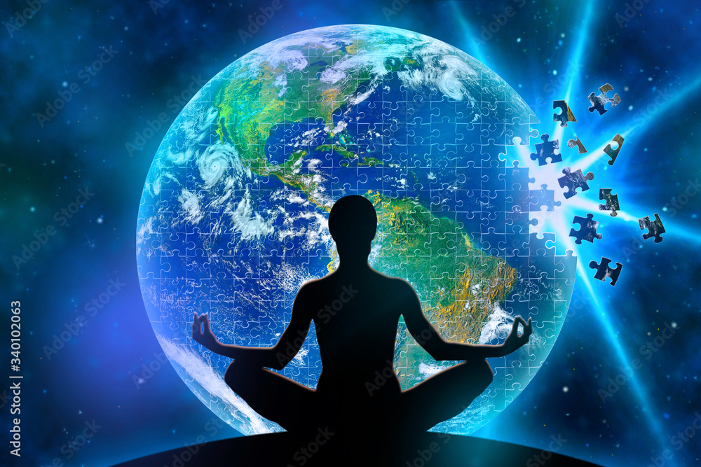 Female yoga figure against a space background and a planet Earth made of jigsaw  puzzle during disintegration becouse of explosion. Elements of this image  furnished by NASA. Photos | Adobe Stock