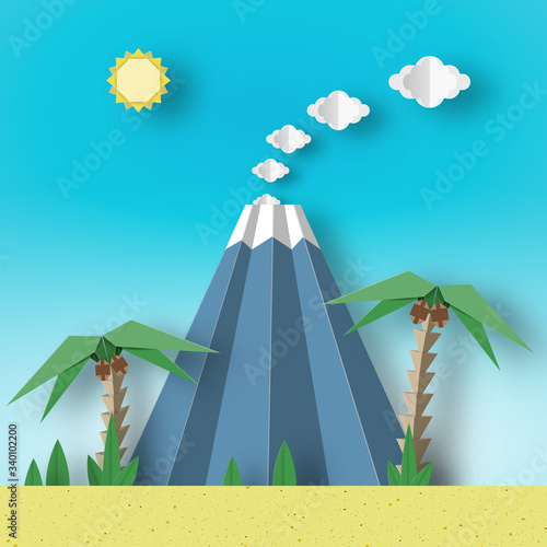 Landscape with Palm, Sun, Sky, Volcano.