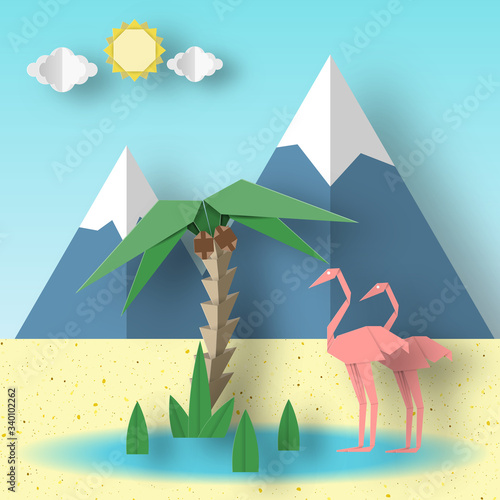 Summer Paper Origami Concept with Flamingo. photo