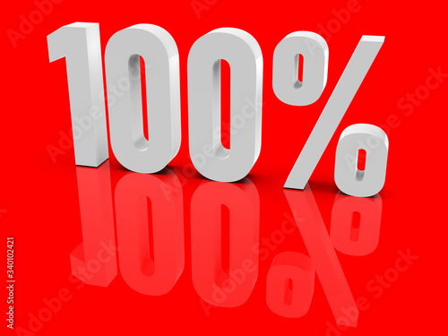 3d rendering of a white 100 percent sign on red background