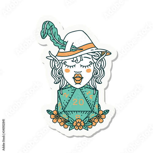 elf bard character with natural twenty dice roll sticker