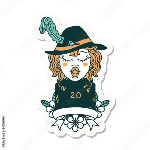 human bard character with natural 20 dice roll sticker